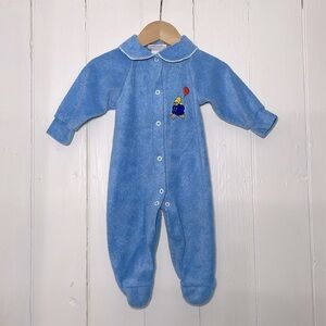 VINTAGE 🔥🔥Paddington Bear Paper Tag Blue Fuzzy Embroidered Footie Pajamas